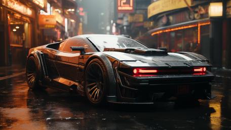 Neon Night Supercar Rainy Cyberpunk Street 4K Wallpaper wallpaper