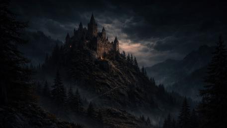 Twilight Haze Over the Shadowed Mountain Castle Path wallpaper