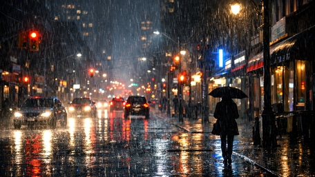 Rain Soaked City Night Street With Umbrella Silhouette wallpaper