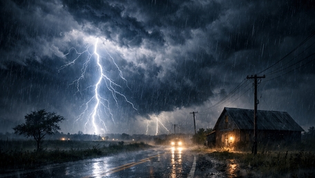 Midnight Thunderstorm Over Rainy Road and Lone Farmhouse wallpaper