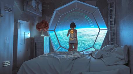Solitary Pilot Gazing Through a Hex Window Above Blue Earth wallpaper