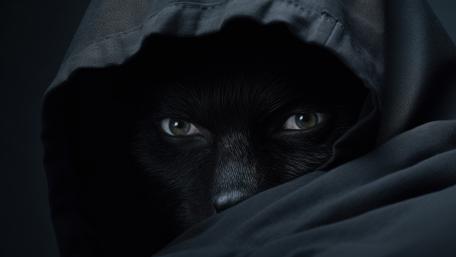 Sneaky Cloaked Black Cat Stares Like a Tiny Night Wizard wallpaper