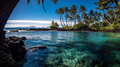 Crystal Lagoon and Palm Silhouettes in Tropical Hawaii wallpaper