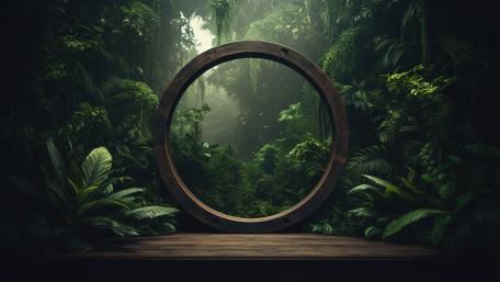 Enchanted Jungle Circle Gateway in Misty Emerald Light 5K Fantasy Wallpaper wallpaper