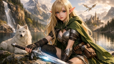 Blonde Elf Swordswoman by the Mountain Lake in Golden Light wallpaper