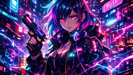 Neon Cyberpunk Anime Girl Under Electric City Lights wallpaper