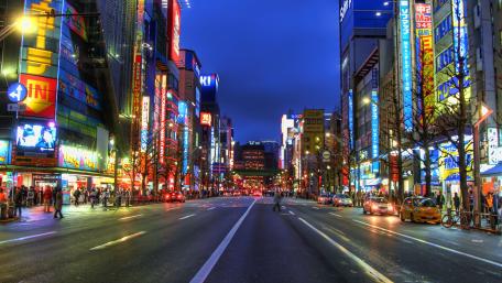 Neon Pulse of Akihabara Tokyo Street at Blue Hour wallpaper