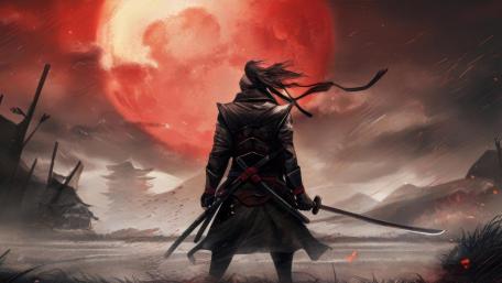 Samurai Under the Blood Moon in a Stormtorn Fantasy Dawn wallpaper