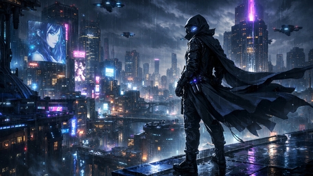 Cloaked Sentinel Over Neon Rainfall in a Futuristic Cyberpunk Metropolis wallpaper