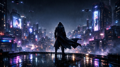 Cloaked Cyberpunk Sentinel Watching a Neon Metropolis in the Rain wallpaper