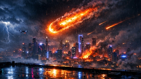 Meteorfall Over Neon Skyline in a Cinematic Apocalyptic Night wallpaper