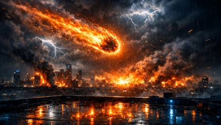 Firestorm Meteor Over a Burning City in Cinematic Apocalypse wallpaper
