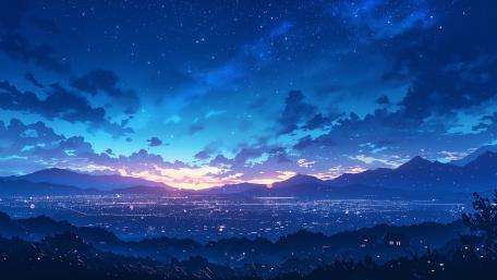 Starlit Blue Horizon Over a Quiet Anime Cityscape wallpaper