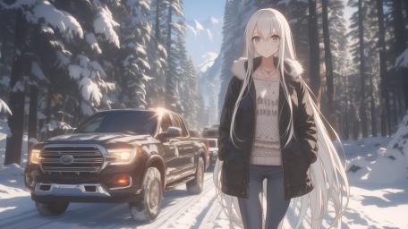 Serene Winter Roadside Anime Girl in Crisp 4K wallpaper