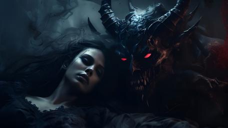 Crimson Eyed Demon Watcher in Midnight Gothic Shadows wallpaper