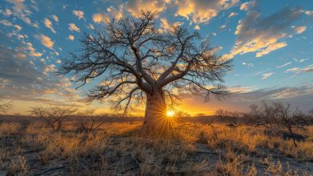 Photoreal Lone Tree Silhouette at Golden Sunset in Vast Wilderness wallpaper