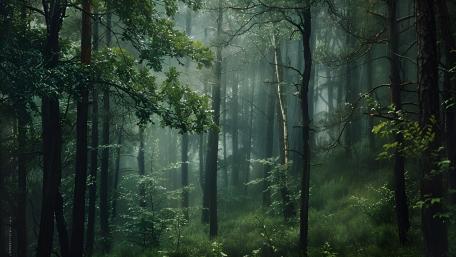 Emerald Mist Drifting Through a Photorealistic Woodland Sanctuary wallpaper