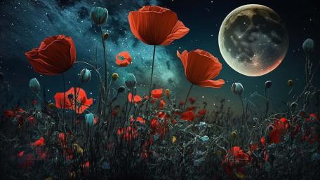 Moonlit Poppy Field Beneath a Radiant Full Moon wallpaper