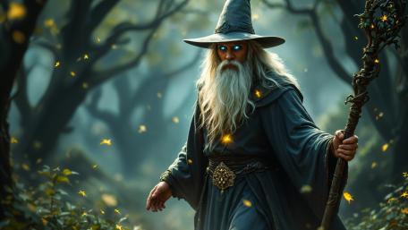 Arcane Forest Wizard with Glowing Eyes and Mythic Staff in 4K wallpaper