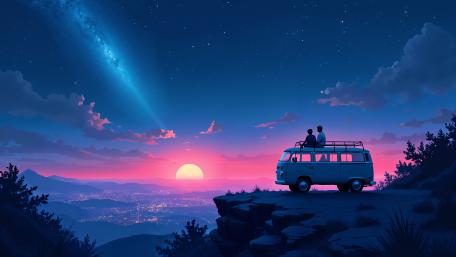 Twilight Roadtrip Stargazing With an Anime Couple on a Cliffside Bus wallpaper