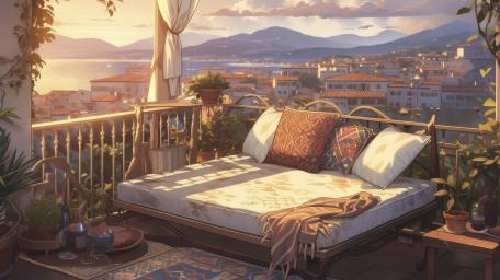 Lo Fi Anime Balcony Lounge Overlooking a Sunlit Coastal Town wallpaper