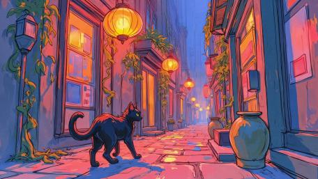 Midnight Black Cat Strolls Through Neon Pink Lantern Alley wallpaper