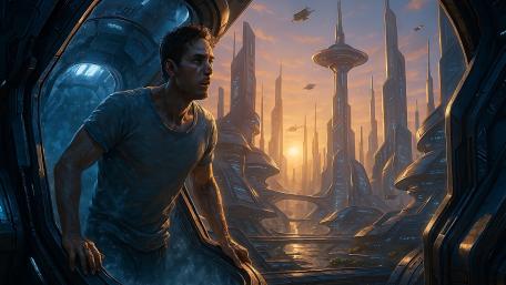 Last Survivor Facing the Neon Spires of a Distant Colony wallpaper