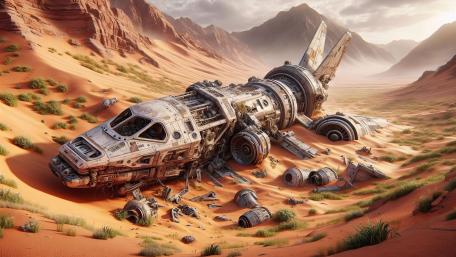 Crashed Starship in a Red Canyon on a Distant Desert World wallpaper