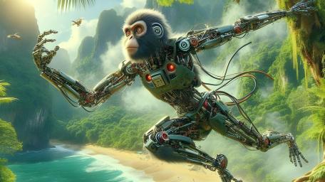 Cybernetic Jungle Primate Gliding Over a Secret Tropical Lagoon wallpaper