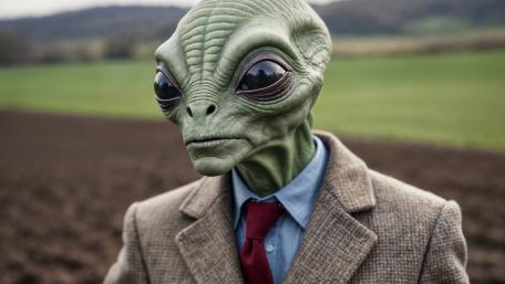 Countryside Encounter with a Suited Green Alien Visitor in 4K wallpaper