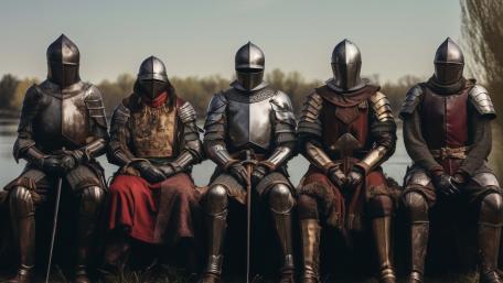 Silent Brotherhood of Armored Knights by the Riverside wallpaper