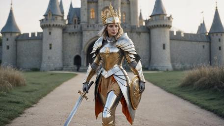 Crowned Silver Knight Before the Castle Gates in Golden Dawn Light wallpaper