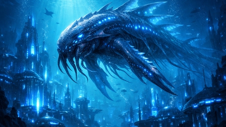 Abyssal Leviathan Gliding Above a Sunken Neon City wallpaper