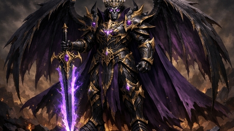 Crowned Shadow Demon Warrior with Purple Sword and Black Wings wallpaper
