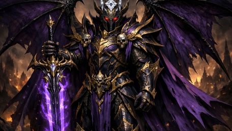 Crimson Eyed Demon Knight in Purple Armour with Shadowed Wings wallpaper