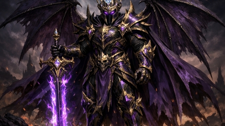 Purple Winged Demon Knight in Golden Armour Wielding Arcane Sword wallpaper