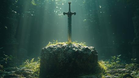 Sunlit Enchanted Sword in Stone Deep Within the Ancient Woodland wallpaper