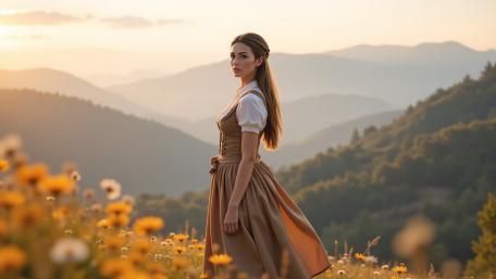 Dreamy Rustic Overlook with Young Woman in Wildflower Meadow wallpaper