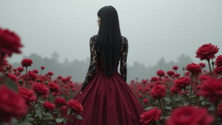 Crimson Reverie in a Misty Rosefield wallpaper