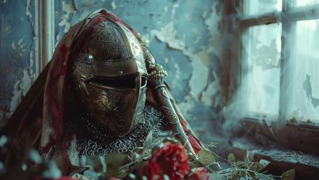 Forgotten Knight of Roses in a Ruined Medieval Chamber wallpaper