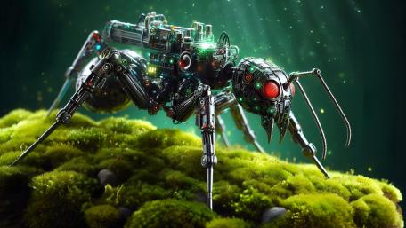 Neon Micro Mecha Ant Exploring Mossy Terrain wallpaper