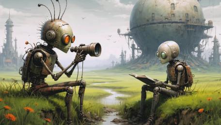 Rustborn Robots Reading Beyond the Ruins in a Gentle Steampunk Dawn wallpaper