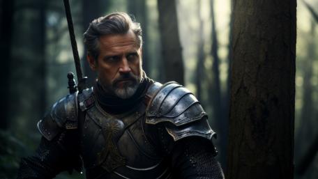 Brooding Silver Haired Knight Standing Watch in a Misty Cinematic Forest wallpaper
