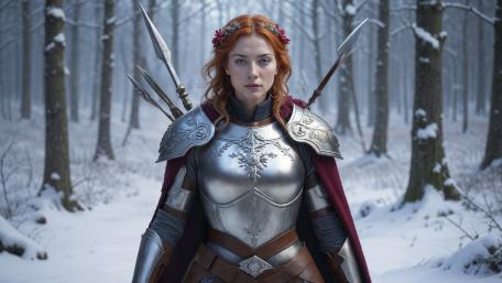 Crowned Winter Spear Maiden in Silver Armor, Enchanted Forest Vigil wallpaper