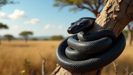 Midnight Black Snake Coiled on Sunlit Savanna Tree in 4K wallpaper