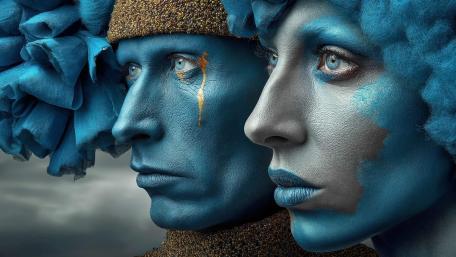 Azure Twin Muses in Metallic Body Paint Fantasy Portrait wallpaper
