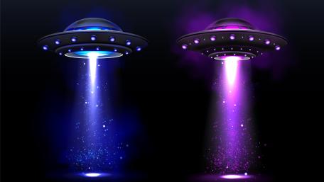 Neon Twin UFO Beams in a Cosmic Night Fantasy 5K wallpaper