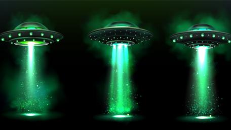 Neon Green UFO Beams Over Endless Dark Void Fantasy Wallpaper wallpaper