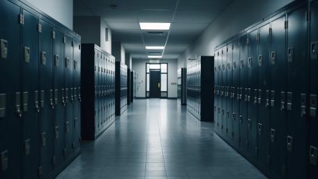 Silent City Corridor of Steel Lockers in Cool Blue Light wallpaper