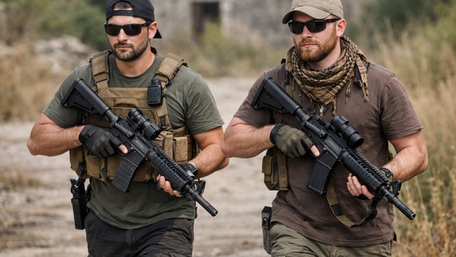 Two Armed Infantry Operators Advancing Through Dusty Training Grounds wallpaper